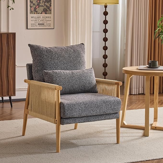 VINGLI Boho Braid Accent Armchair,Mid-Century Modern Chiar with Solid Wooden Armrest,Comfy Louge Cushion Chair with Waist Pillow for Bedroom,Living Room,Reading Room, Gray