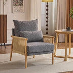 VINGLI Boho Braid Accent Armchair,Mid-Century Modern Chiar with Solid Wooden Armrest,Comfy Louge Cushion Chair with Waist Pillow for Bedroom,Living Room,Reading Room, Gray
