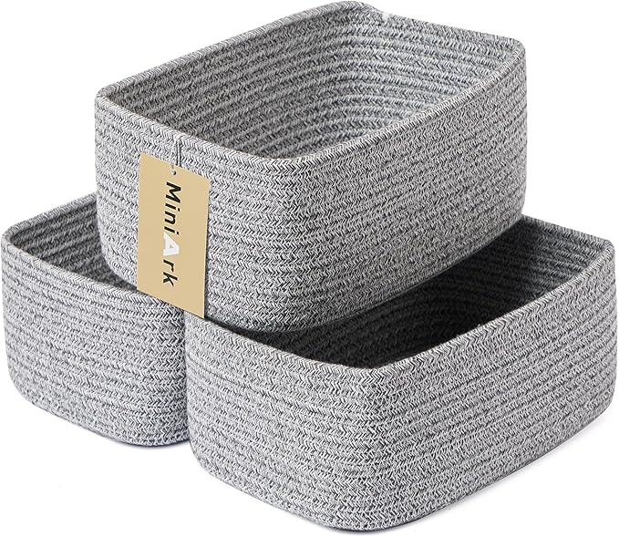 Small Storage Baskets for Organizing | Closet Organizer Bins | Shelf Toy Basket | Woven Rope Baskets | Cube Decorative Box | Shallow Basket | 11.5x7.5x4.7” | 3 Packs Mixed Grey