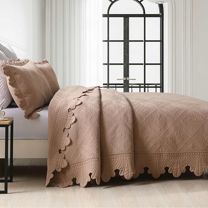 MarCielo 3-Piece 100% Cotton Oversized Bedspread Lightweight Quilt Coverlet Embroidery Farmhouse Bedding Set (TK Pale Taupe Camel, Oversized King (118"x106"))