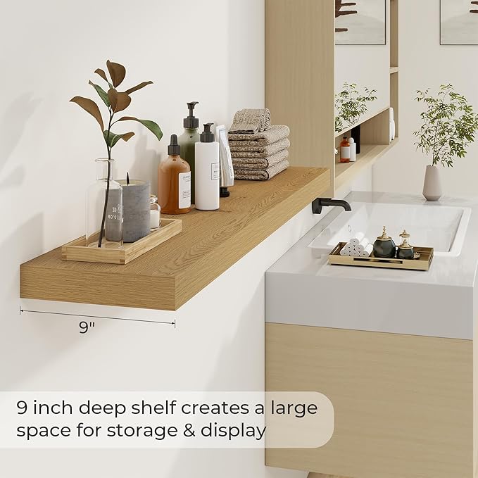 48 inch Floating Shelves for Wall Large Wall Mounted Shelves with Invisible Brackets, Oak Long Shelves for Bathroom, Living Room, Kitchen, Office, 48x9.1 inch deep Set of 2