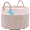 OrganiHaus Woven Laundry Basket, Large Cotton Rope Blanket Holder with Handles, Soft & Sturdy Nursery Hamper, Decorative Toy Bin for Living Room Organization 20x13 inches - Brown/Off-White