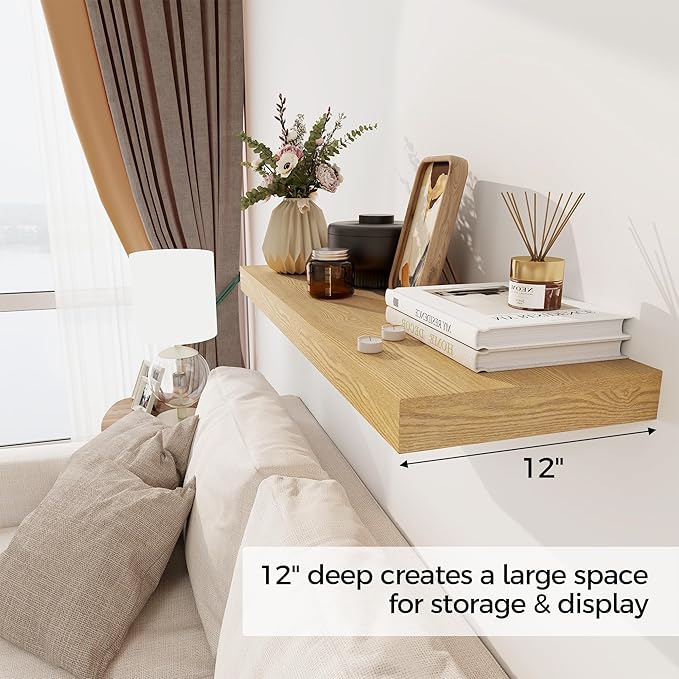 Floating Shelves 36 Inch Long, 12 Inch Deep Floating Shelves for Wall, 36 x 12 Shelves for Wall Storage & Display, 2" Thick Floating Shelf for Bathroom, Living Room, Bedroom, Oak Color, Set of 2