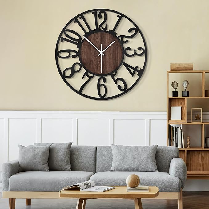 LEIKE 30" Oversized Large Wall Clocks,Silent,Non Ticking,Battery Operated Modern Round Big Wood Decorative Metal Wall Clock for Living Room, Bedroom,Kitchen,Farmhouse,Office Decor - Black,30 Inch