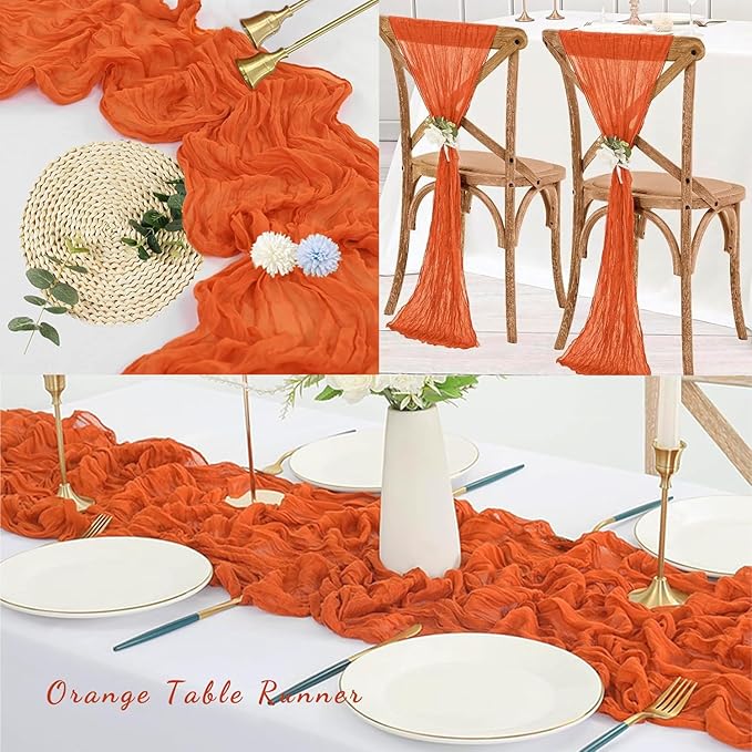 Orange Cheesecloth Table Runner 12 Pack 10FT Boho Fabric Rustic Cheese Cloth Table Runner for Wedding 20 x 120 Inch Long Bridal Shower Baby Shower Gauze Sheer Birthday Party Table Decorations