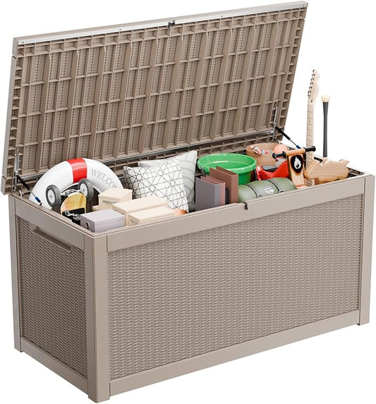 Vixzen 260 Gallon Resin Deck Box, Lockable Outdoor Storage Box for Patio Cushions Storage Furniture,Garden Tools, Pool Supplies, Weatherproof and UV Resistant- Grey
