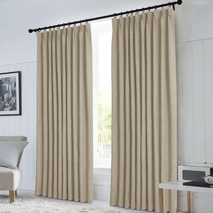 Macochico Light Khaki 100% Blackout Linen Curtains 96 Inches Long Pinch Pleated Curtains for Bedroom Living Room Nursery Farmhouse Insulated Sound Reducing Drapery with Tieback 84”Wx96”L 1 Panel