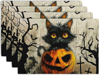 Halloween Black Cat Pumpkin 12x18 Placemats Set of 4 Happy Halloween Bat Branch Linen Table Place Mat Seasonal Fall Washable Heat Resistant Non Slip Table Placemats for Party Kitchen Dining Decor