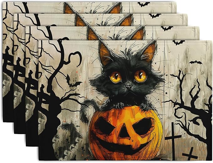Halloween Black Cat Pumpkin 12x18 Placemats Set of 4 Happy Halloween Bat Branch Linen Table Place Mat Seasonal Fall Washable Heat Resistant Non Slip Table Placemats for Party Kitchen Dining Decor