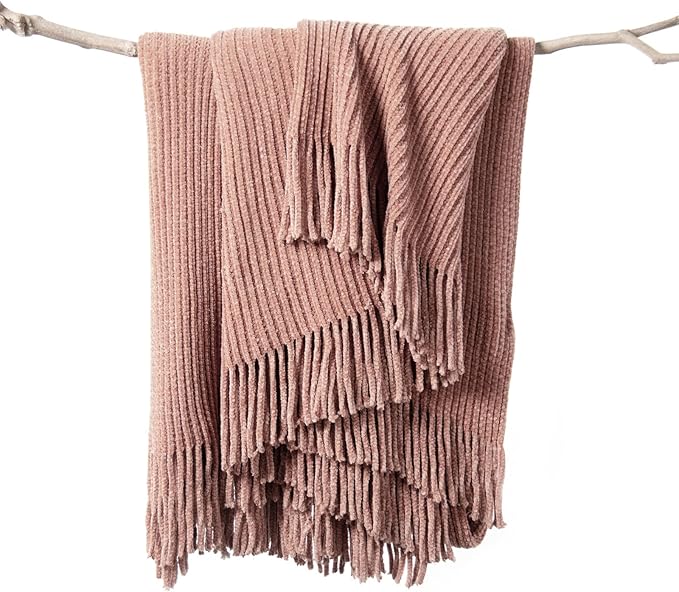 lifein Pink Throw Blanket for Couch, Soft Boho Decor Bed Throw,Cozy Chenille Knitted Small Farmhouse Lightweight Throw for Spring(Pink,50 * 60")