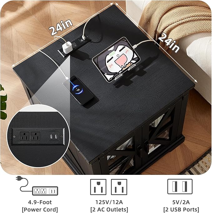 24" End Table with Charging Station, Farmhouse Night Stand with Glass Barn Door, Black Nightstands with Adjustable Storage Shelf, Large Wood Square Bed Side Table for Living Room,Bedroom