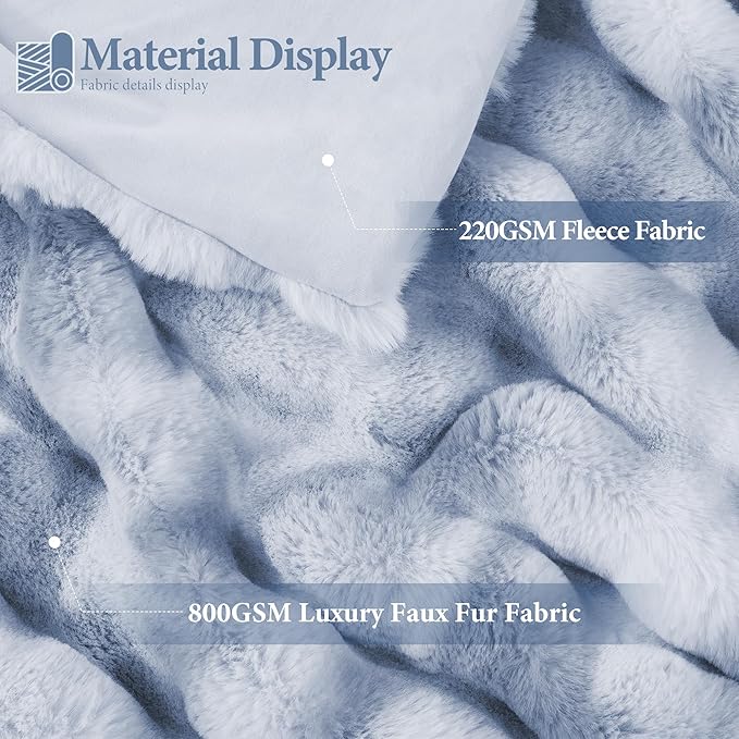 Touchat Luxury 1000GSM Faux Rabbit Fur Throw Blanket, Super Heavy Warm Cozy Grey Blankets for Couch Bed Sofa, Ruched Plush Fuzzy Elegant Soft Reversible Mink Blanket for Living Room Bedroom