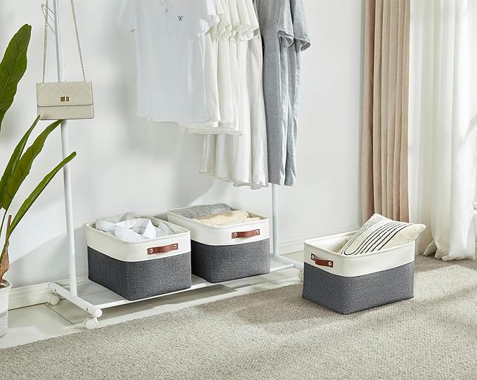 DECOMOMO Storage Bins Fabric Storage Baskets for Shelves, Linen Closet Organization Toys Nursery (Slate Grey and White, Large - 3 Pack)
