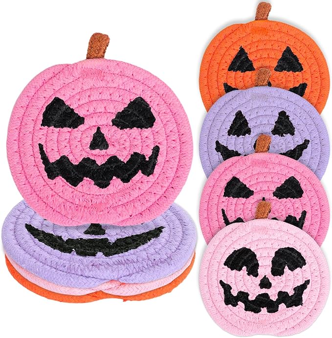 Whaline Halloween Pumpkin Cotton Coasters Colored Pumpkin Face Handmade Braided Drink Coasters Pink Purple Orange Absorbent Cup Mats for Trick or Treat Party Home Table Decor, Set of 4