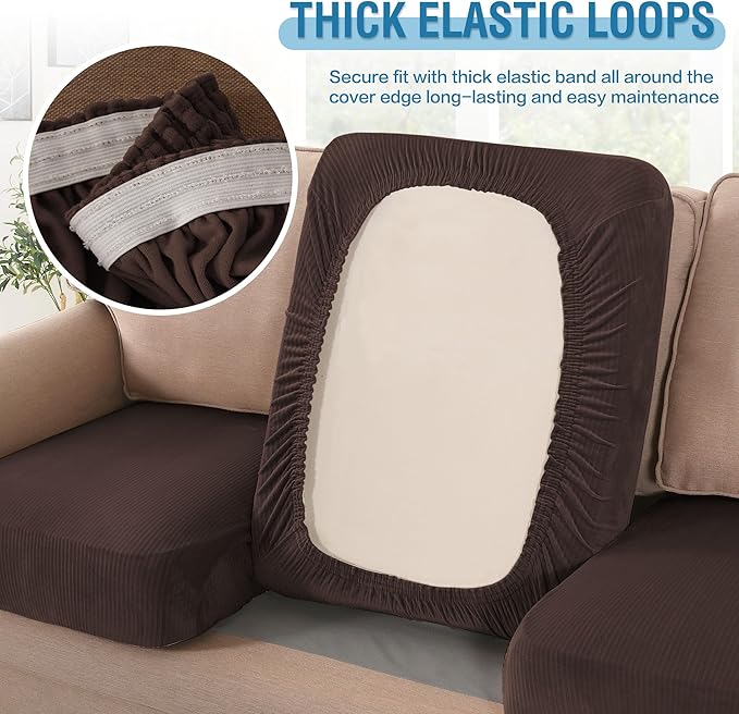 H.VERSAILTEX Velvet Stretch Couch Cushion Cover Plush Cushion Slipcover for Chair Loveseat Sofa Cushion Furniture Protector Seat Cushion Sofa Cover (3 Piece Sofa Cushion Covers, Brown Striped)