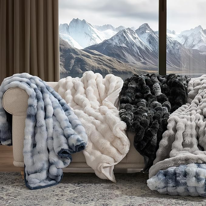 EVERGRACE Ultra Soft Luxury Fluffy Ridgeline Faux Rabbit Fur Throw Blanket, Thick Warm Bubble Throw for Bed, Cozy Plush Reversible Blankets for Couch, Chair, Sofa, Cloud Blue, 60x80 Inches, 870 GSM