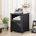 18" Night Stands Set of 2 with Charging Station, Farmhouse 2 Drawers End Table Dresser for Bedroom, Black Wooden Nightstand, Bed Side Table with Open Shelf, Bedside Cabinet for Living Room