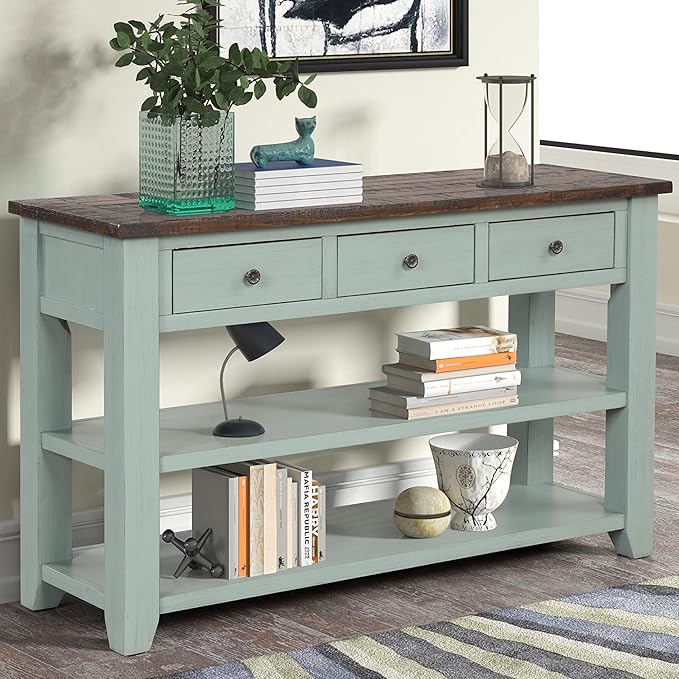 Farmhouse Wood Entryway Console Table 48-Inch Modern Sofa Entry Table with Drawers and Storage Shelves for Entrance Living Room (Green)