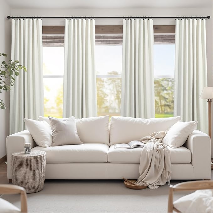 Cream Linen Boho Blackout Curtains 90 Inches Long Length 2 Panel Set Sliding Glass Door Sun Heat Blocking Curtain for Bedroom Living Room Darkening Insulating Drape Country Style Farmhouse Cottagecore