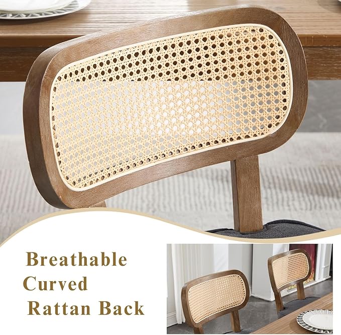 Rattan Dining Chairs Set of 2 Upholstered Linen Kitchen & Dining Room Chair with Curved Backrest Farmhouse Kitchen Chair Solid Wood Armless Side Chair for Dining Room/Restaurant, Black