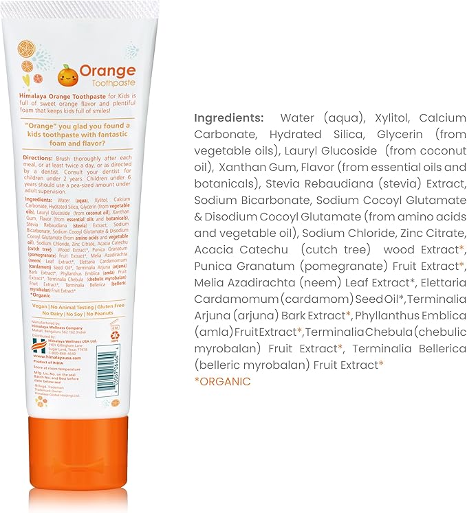 Himalaya Botanique Kids Toothpaste, Herbal, Orange Flavor, Fights Plaque, Fluoride Free, Gentle, No Artificial Flavors or Colors, SLS Free, Gluten Free, Cruelty Free, Vegan, Foaming, 4 Oz, 2 Pack…