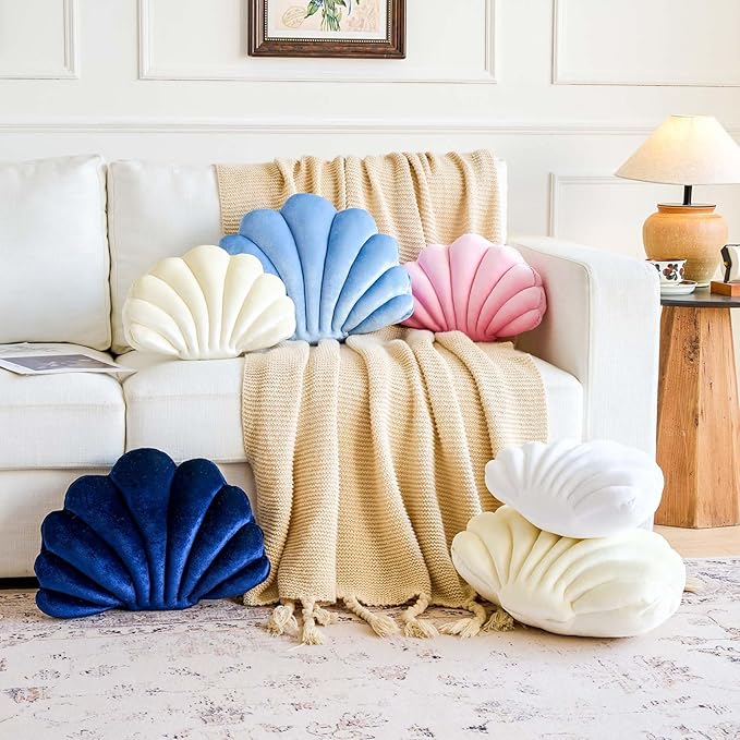 White Seashell Throw Pillows, Shell Shaped Throw Pillows, 13 Inch Soft Velvet Home Decorative Pillow Plush Cushion for Bed Couch Living Sofa Room Decor Accent Throw Pillow