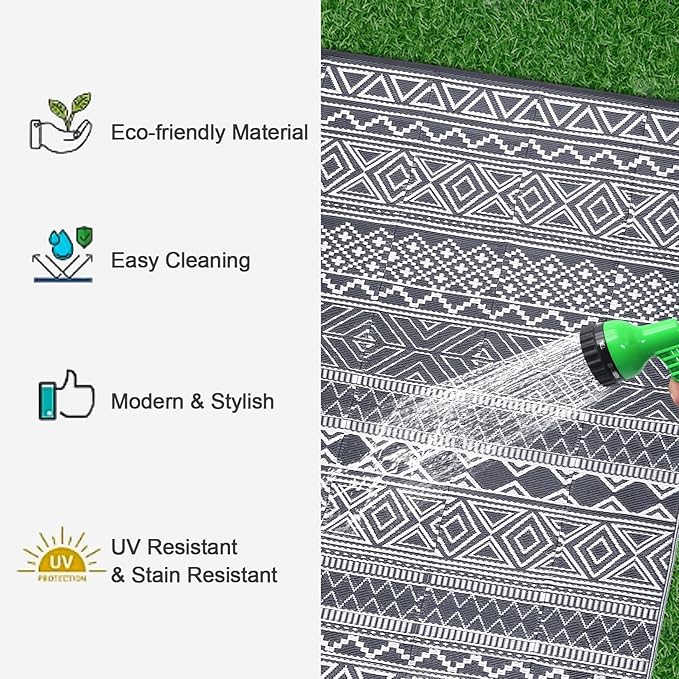 GAOMON Outdoor Rug 9'x12' Waterproof Rug for Patio Decor, Foldable Reversible Plastic Straw Area Rugs Mat for Camper, Outside Carpet for Deck, Porch, Picnic, Beach, Grey/White(Bohemia)