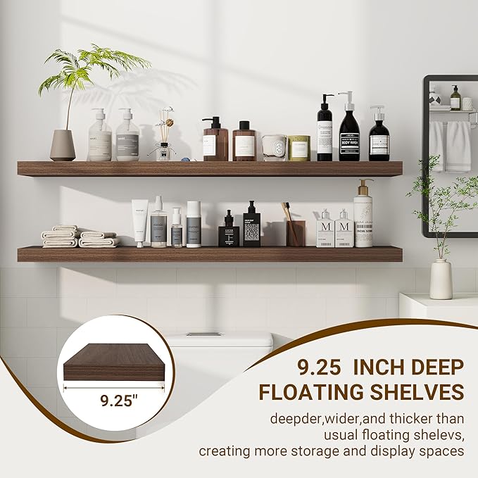 48 Inch Floating Shelves, 48"x9.25"x1.5" Inch Deep Floating Shelves for Wall, Wooden Shelves for Bathroom, Bedroom, Living Room, Walnut