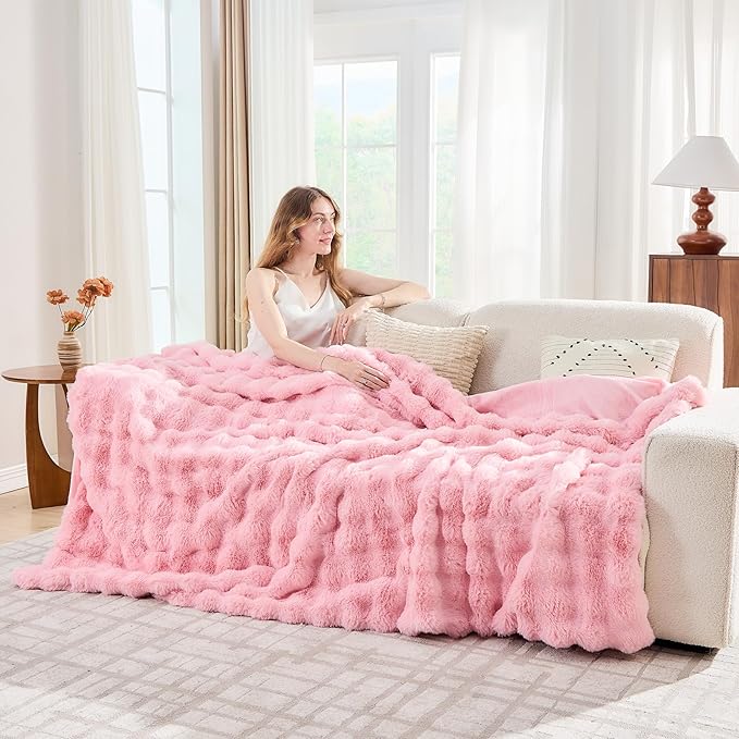 Lotus Karen Faux Fur Throw Blanket Pink - Big Bubble Rabbit Fluff Blanket for Couch, Large Fluffy Fuzzy Cozy Blanket,Thick Furry Plush Shaggy Blankets,108x90 Inches