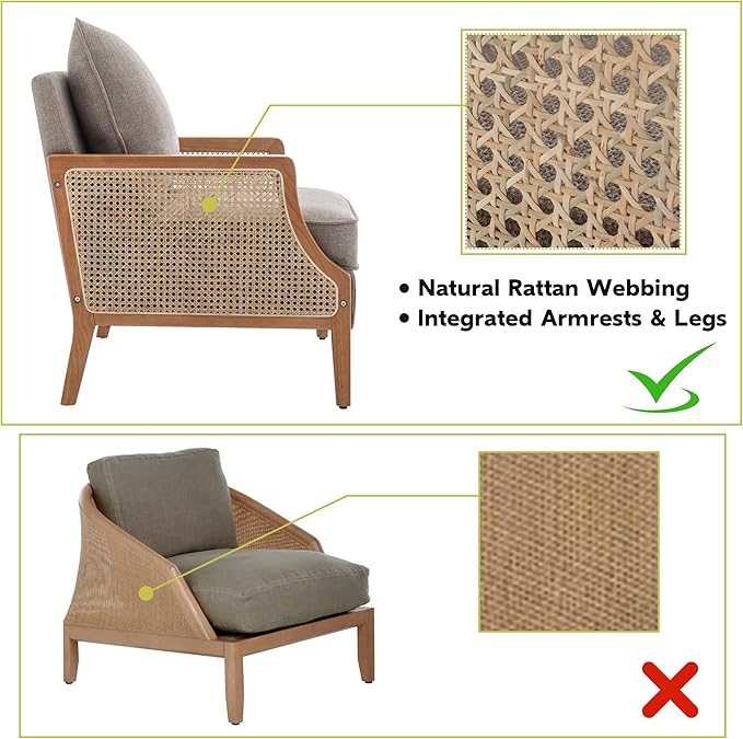 HAOBO Home Mid Century Modern Accent Chair Upholstered Living Room Chairs Armchair with Rattan Armrest Comfy Reading Chair with Wood Frame Lounge Side Chair with Waist Cushion