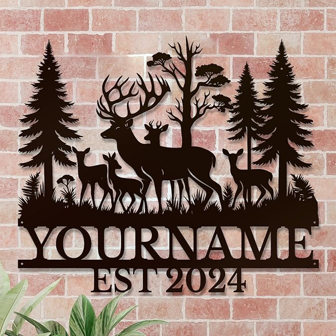 Personalized Deer Forest Name metal Signs,Custom Shed Metal Wall Decor,Black Deer Metal Wall Art Decor,Deer Home Metal Signs Plaques,Outdoor wall Decorative Signage (Style E)