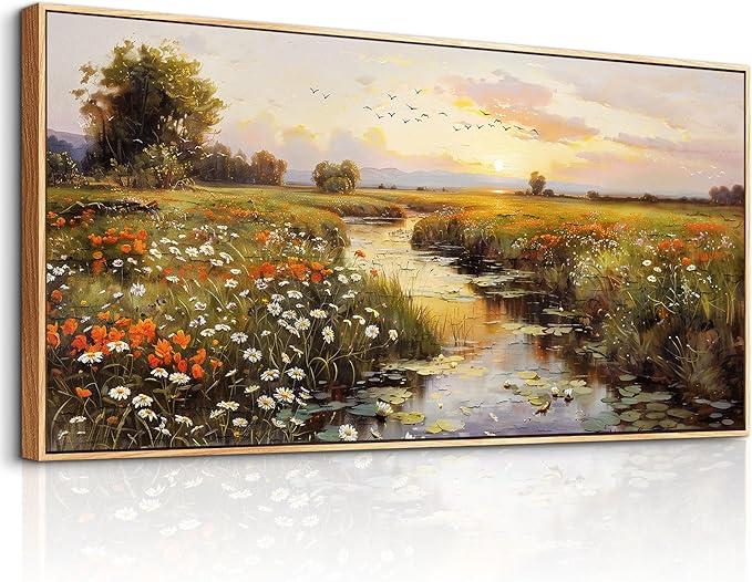 PHAOHUAXM Canvas Wall Art For Living Room Wall Decor For Bedroom Watercolour Painting Office Decoration Countryside Sunrise Scenery Wall Picture Printing Artwork Home Decor Wood Framed 24x48 In