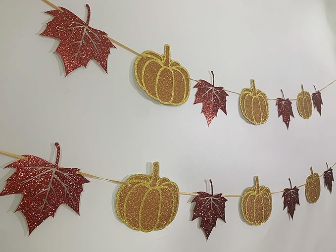 Fall Decorations Home Thanksgiving decor - Pumpkin and Maple Leaves Sign Fall Autumn Harvest Garland Hanging Bunting Banner(Pre-Strung)