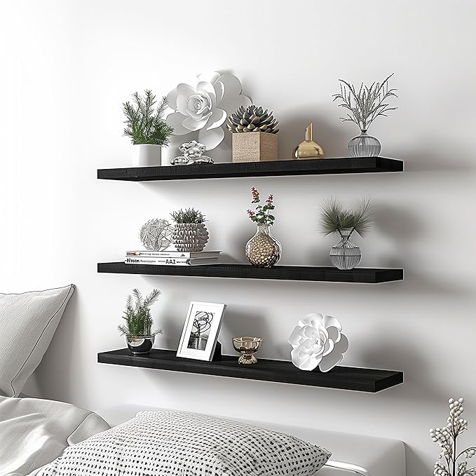 Wood Floating Shelves for Wall Decor, Rustic Wall Shelves for Bedroom Bathroom Kitchen Living Room, Set of 4 Black 36 Inch