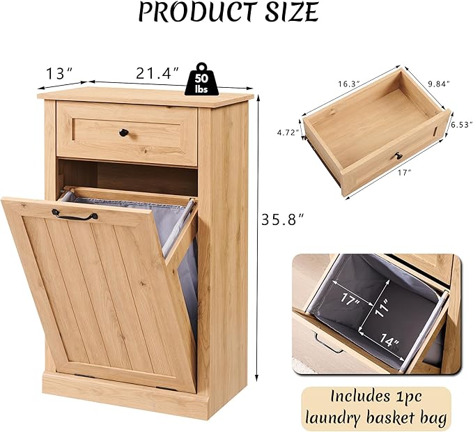 Tilt Out Laundry Hamper Cabinet, 10 Gallon Farmhouse Trash Can Cabinet with Drawer, Hidden Wood Garbage Can Bin Cabinets with Laundry Storage Basket for Bathroom, Kitchen, Natural