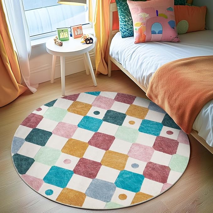 jinchan Round Rug 5ft Kids Washable Rug Indoor Floor Cover Non-Slip Soft Elementary School Classroom Modern Colorful Diamond Carpet for Nursery Daycare Bedroom Playroom Living Room Confetti on Cream