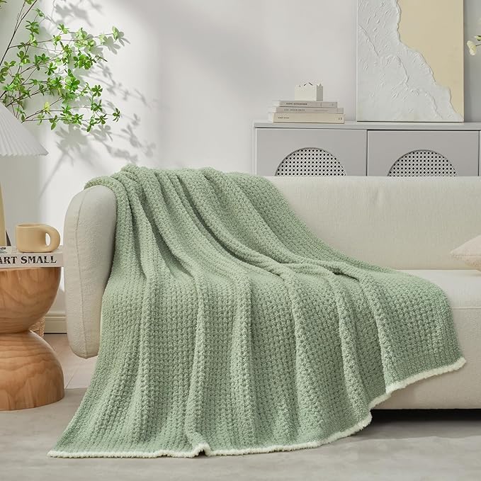 Snuggle Sac Ultra Soft Waffle Throw Blanket for Couch Bed Sofa 50x60 inches, Reversible Sage Green Blanket Microfiber Fluffy Fuzzy Cozy Knit Throws for Women Mothers Birthday Gifts