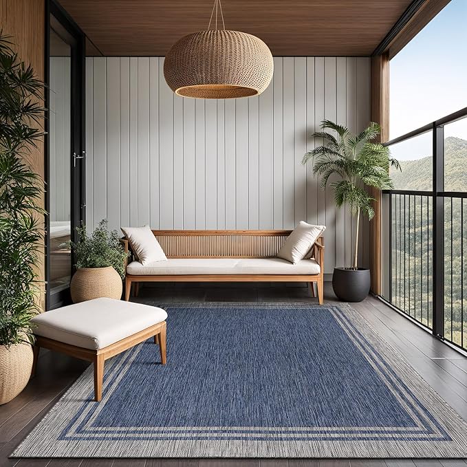 Bordered Outdoor Rug 6x9 Washable Outside Carpet for Indoor Patio Porch Waterproof Easy Cleaning Non Shedding Area Rugs Navy 6 x 9