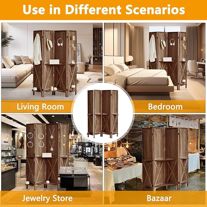 4 Panel Pegboard Display with 16 Hooks, Wooden Pegboard Room Divider Wall with Shelf, Rustic Room Dividers and Folding Privacy Screens, Bedroom, Jewelry Store, Brown