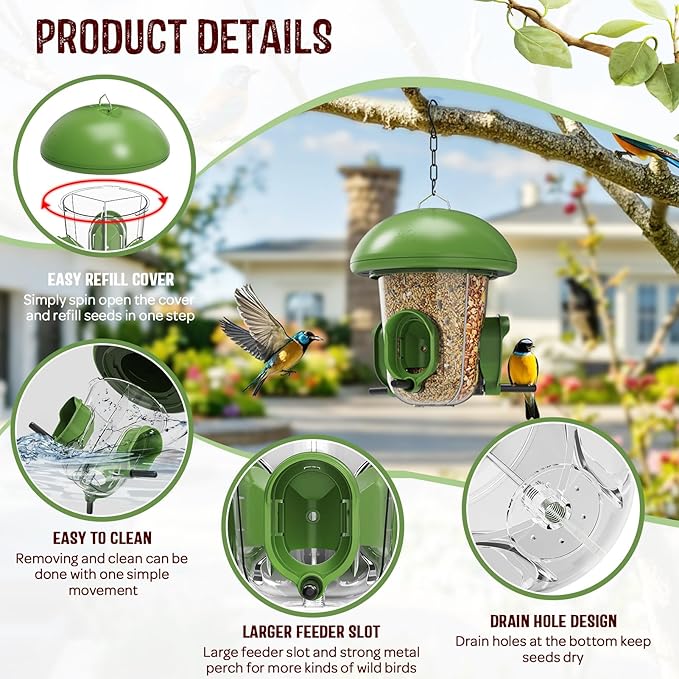 LONA Bird Feeders for Outdoors Hanging – 3 Separate Compartments, 3 Feeding Ports, Weatherproof Dome & 3 Ways to Hang, Large Capacity for Cardinals/Finches (Green