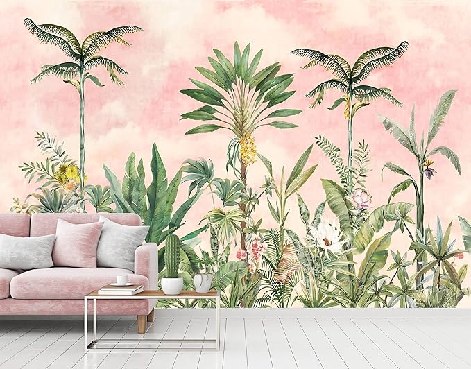Watercolor Pink Tropical Botanical Leaf Wallpaper Mural for Nursery Girls Bedroom (Not Peel and Stick)