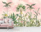 Watercolor Pink Tropical Botanical Leaf Wallpaper Mural for Nursery Girls Bedroom (Not Peel and Stick)