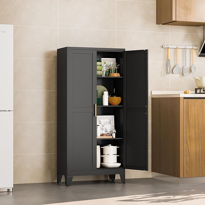 Black Metal Storage Cabinet, 48" Steel Cabinets for Home Office, Kitchen Pantry Storage Cabinet with Doors and 3 Adjustable Shelves, for Office, Home, Garage, School