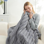 Cozy Bliss Faux Fur Throw Blanket for Couch, Cozy Warm Plush Striped Blanket for Sofa Bedroom Living Room,60 * 80 Inches Grey