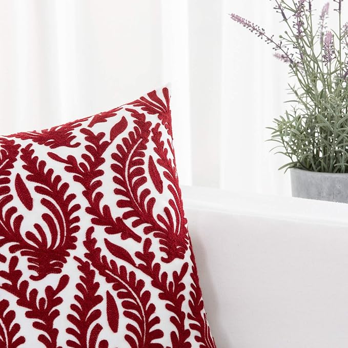 HWY 50 Burgundy Red Decorative Throw Pillow Covers 18x18 Inch (1 Piece), Embroidered Cotton Farmhouse Cushion Cover Pillow Case for Sofa Couch Living Room Bed Bedroon, Floral Branches