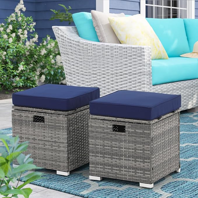 Patiorama 2 Piece Outdoor Patio Ottomans,All-Weather Grey PE Rattan Wicker Ottoman with Storage,Outdoor Footrest Footstool Seat w/Thick Cushion,Built-in Handle for Backyard Poolside Porch (Navy Blue)