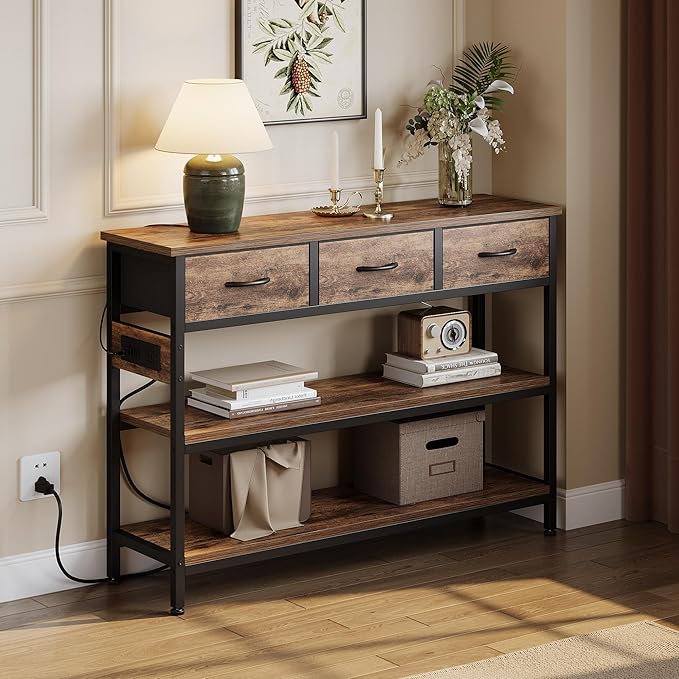 Lulive 2 Pack Entryway Tables with Power Outlets, Console Table with 3 Fabric Drawers, Sofa Table for Living Room, Hallway, Couch, Foyer, Height Adjustable