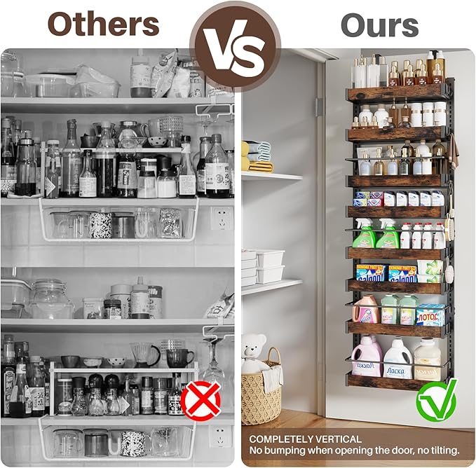 8 Tier Over The Door Pantry Organizer, 2 IN 1 Wall Mount or Metal Hanging Spice Rack for Pantry Organizers and Storage, Seasoning Shelves，Adjustable Basket with Hooks for Kitchen, Bathroom,Laundry