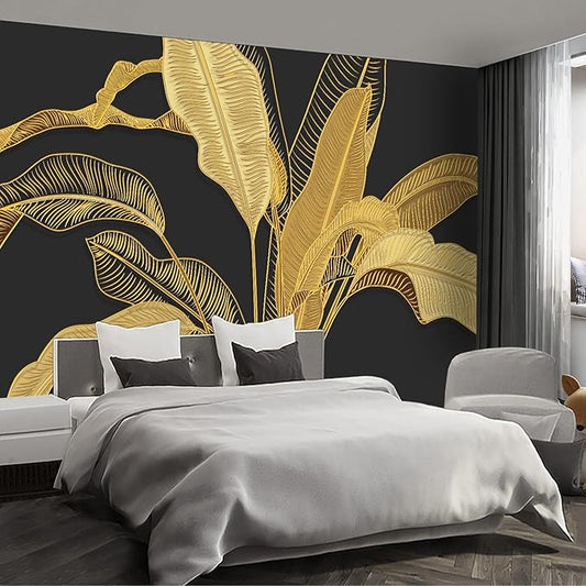 Gold Banana Leaf Wall murals Peel and Stick Wallpaper for Bedroom Living Room - 96"x137"