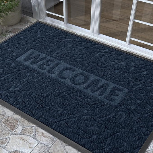 Yimobra Welcome Front Door Mat Outdoor, Heavy Duty Sturdy Non Slip Doormats, Rubber Backing, Low-Profile Entrance Rugs, Absorbent Resist Dirt, Easy Clean Patio Garage Floor Mats, 60X36 Inch, Blue